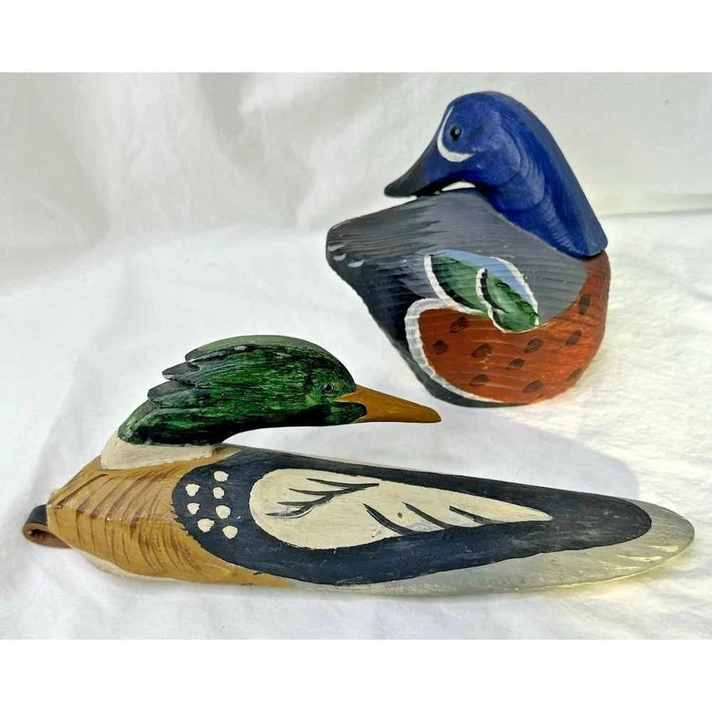Jim Gibbs Wood Carved Ducks Painted Set 2 Decoy Decor Hanging Folkart 1980s
